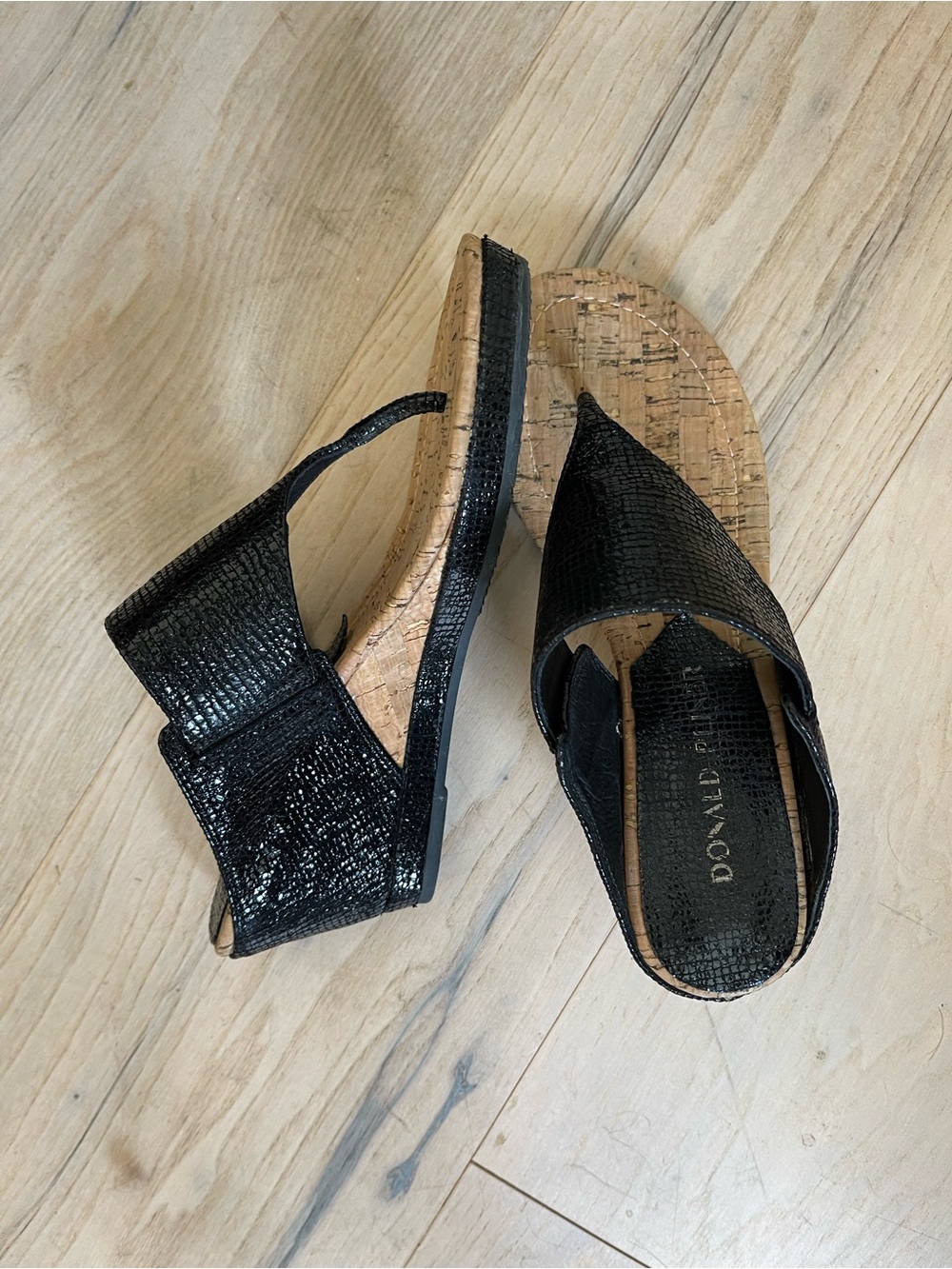 Donald J. Pliner Black Textured Leather Cork Wedge Slingbacks